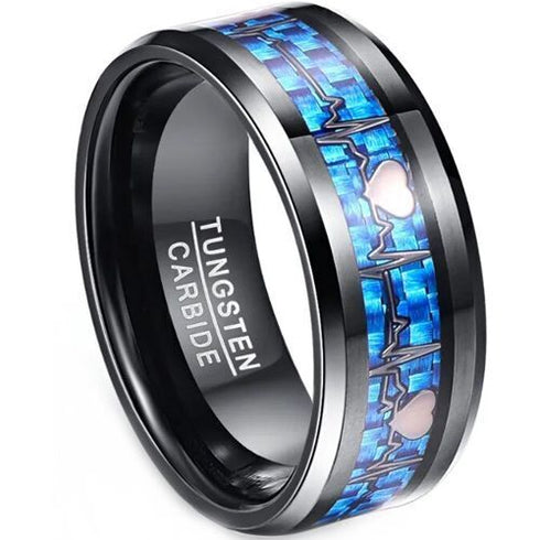 Men's 8mm Tungsten Beveled Edges Gradient Blue EKG Lifeline Heart Wedding Band